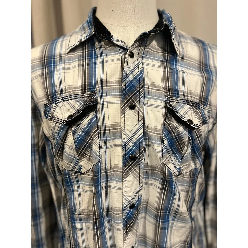 Bke Men's Pearl Snap Western‎ Style Shirt Blue Black And White Large